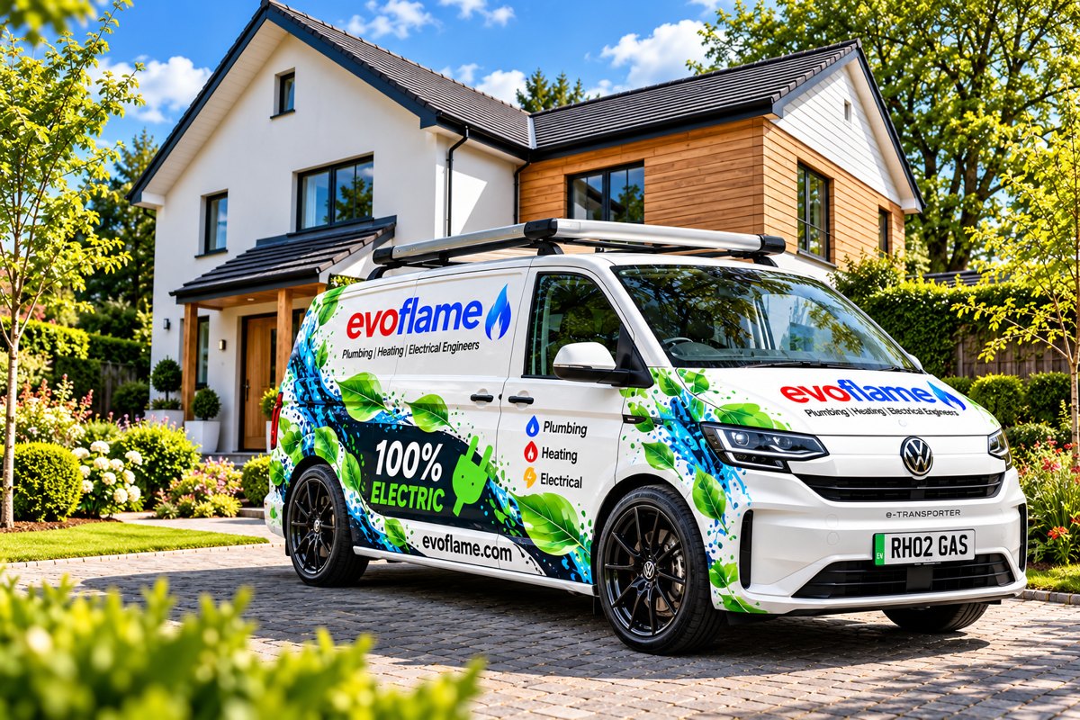 An EvoFLAME electric van outside a customer's home